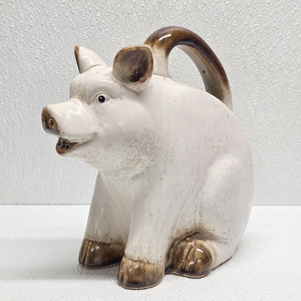Vintage Ceramic White Pig Pitcher Watering Can Heavy Farm Stoneware